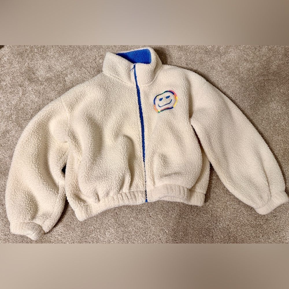 Old Navy Blue Sherpa Jacket Girls 8 Cream Lining Smiley Face